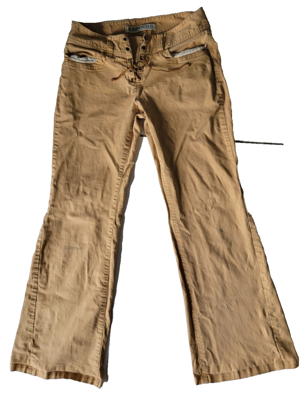 Vintage Y2K Express Womens 5/6 Tan Lace Up Flare Pants Low Rise Khaki